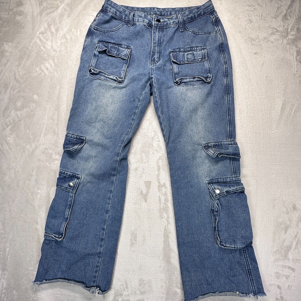 Romwe Cargo Jeans Womens Size Large Blue Denim Tactical Pockets Frayed Hem Pants